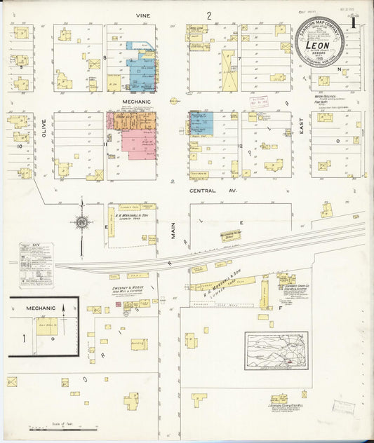 Sanborn Fire Insurance Map from Leon, Butler County, Kansas (1915), Sheet #0001 - Historic Sanborn Fire Insurance Map Print, vintage old map wall art, antique decor, genealogy gift, Kansas Kansas map