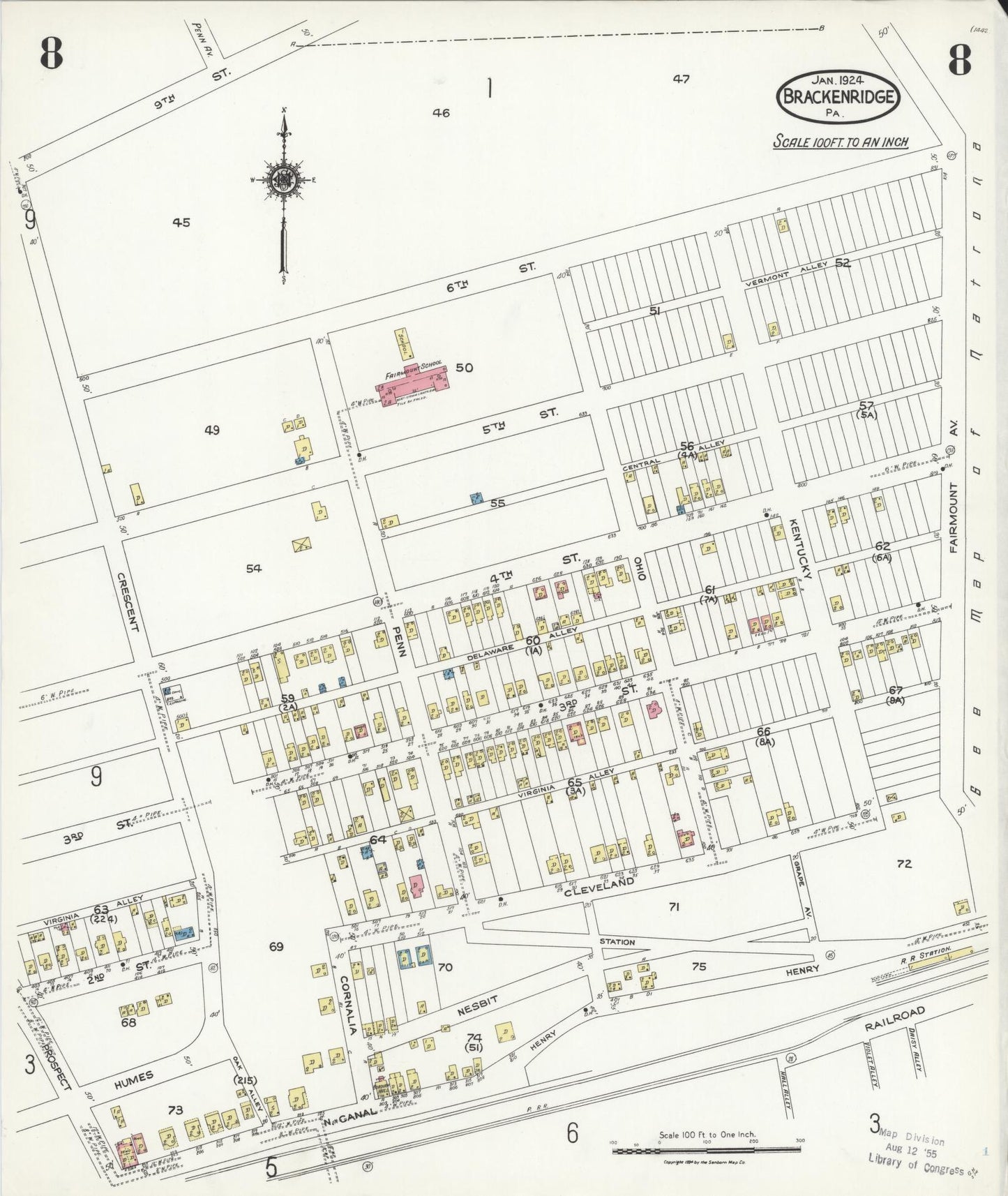Sanborn Fire Insurance Map from Brackenridge, Allegheny County, Pennsylvania (1924), Sheet #0008 - Historic Sanborn Fire Insurance Map Print, vintage old map wall art, antique decor, genealogy gift, Pennsylvania Pennsylvania map