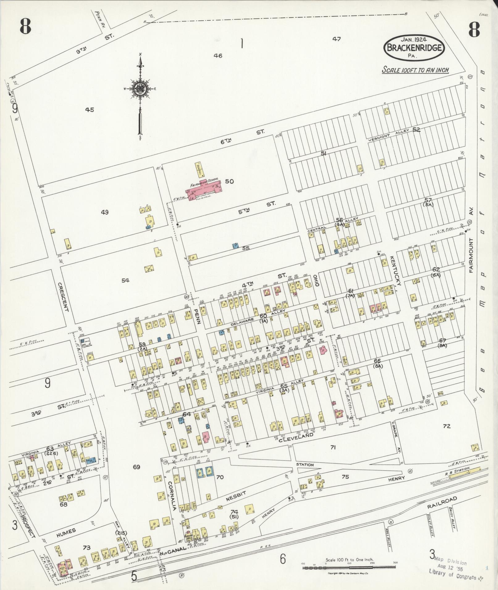 Sanborn Fire Insurance Map from Brackenridge, Allegheny County, Pennsylvania (1924), Sheet #0008 - Historic Sanborn Fire Insurance Map Print, vintage old map wall art, antique decor, genealogy gift, Pennsylvania Pennsylvania map