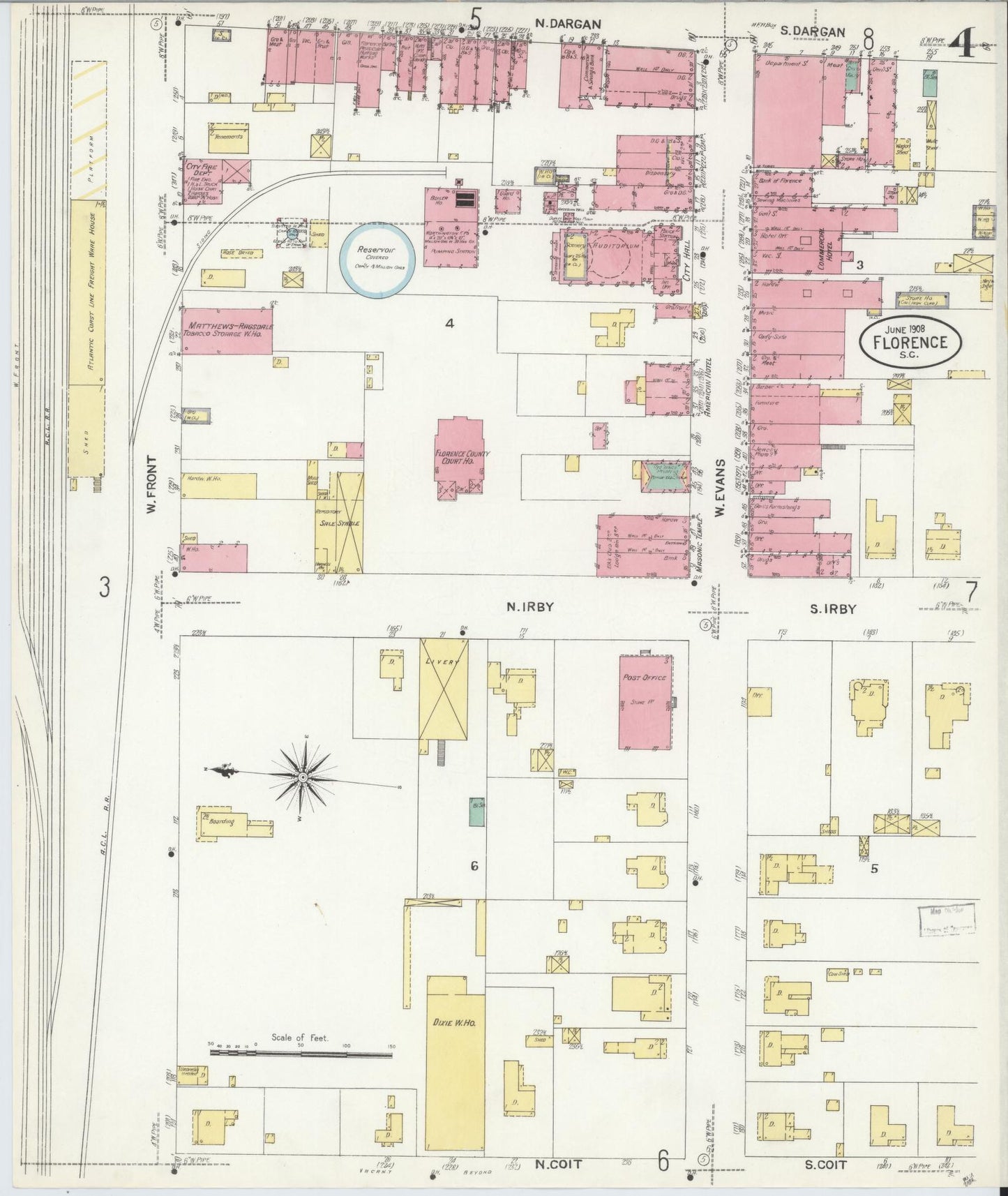 Sanborn Fire Insurance Map from Florence, Florence County, South Carolina (1908), Sheet #0004 - Complete Map Set gallery image, historic Sanborn map, vintage wall art, South Carolina South Carolina