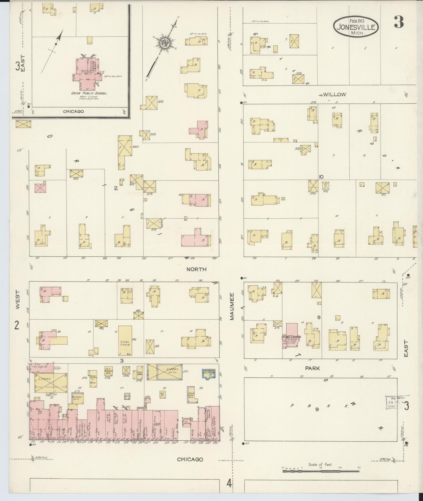 Sanborn Fire Insurance Map from Jonesville, Hillsdale County, Michigan (1913), Sheet #0003 - Complete Map Set gallery image, historic Sanborn map, vintage wall art, Michigan Michigan