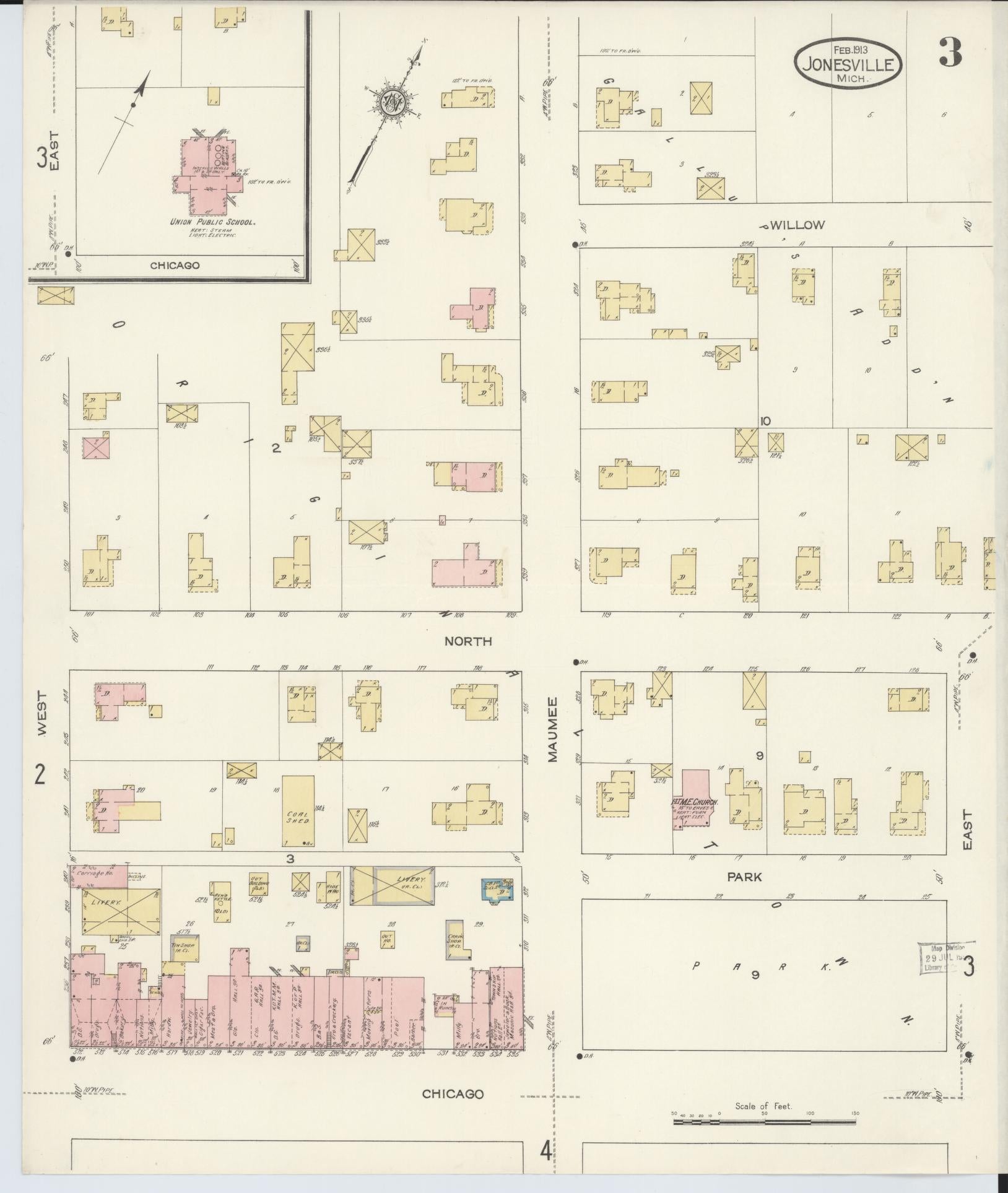 Sanborn Fire Insurance Map from Jonesville, Hillsdale County, Michigan (1913), Sheet #0003 - Complete Map Set gallery image, historic Sanborn map, vintage wall art, Michigan Michigan