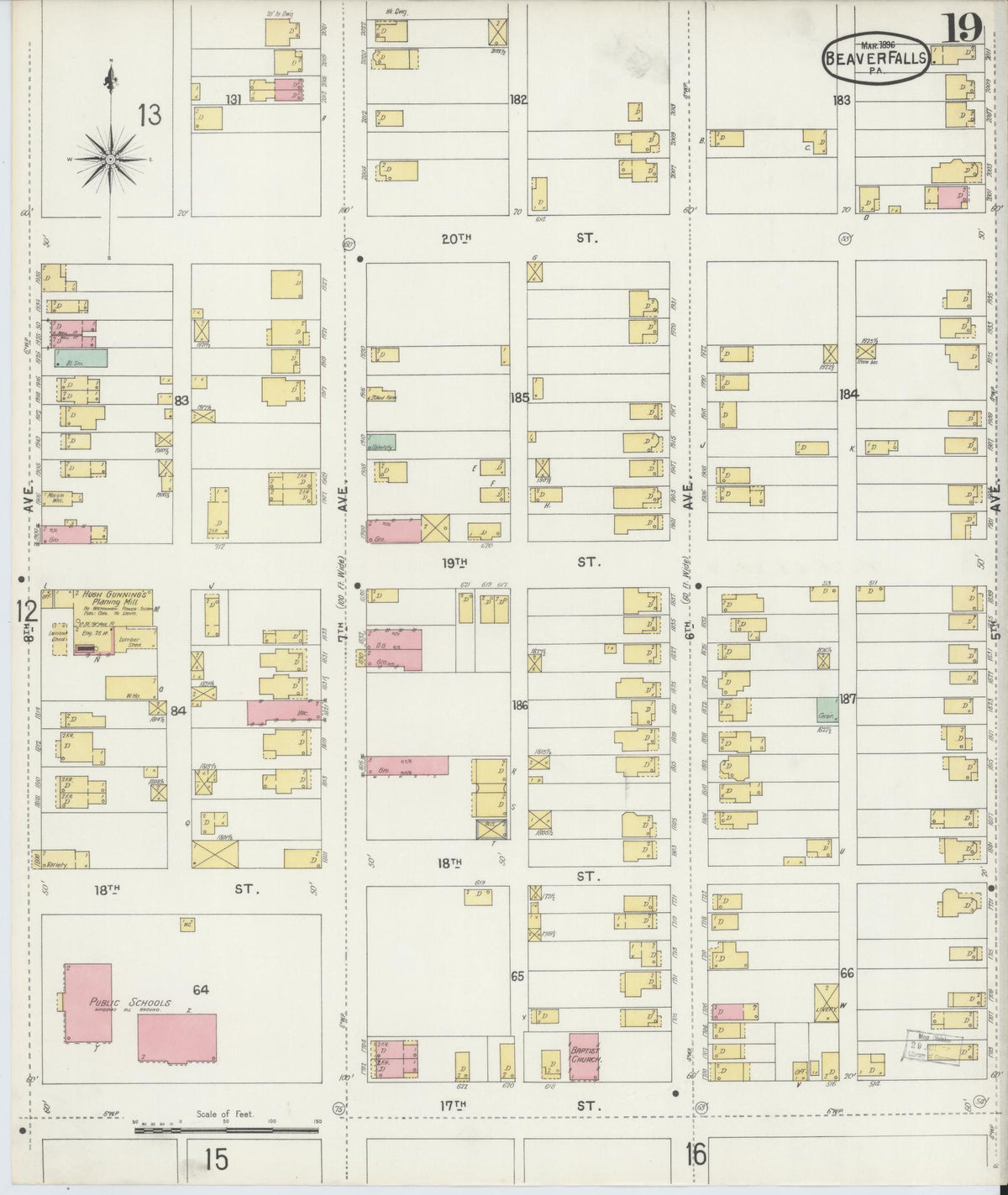 Sanborn Fire Insurance Map from Beaver Falls, Beaver County, Pennsylvania (1896), Sheet #0019 - Complete Map Set gallery image, historic Sanborn map, vintage wall art, Pennsylvania Pennsylvania