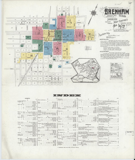 Sanborn Fire Insurance Map from Brenham, Washington County, Texas (1920), Sheet #0001 - Historic Sanborn Fire Insurance Map Print, vintage old map wall art, antique decor, genealogy gift, Texas Texas map