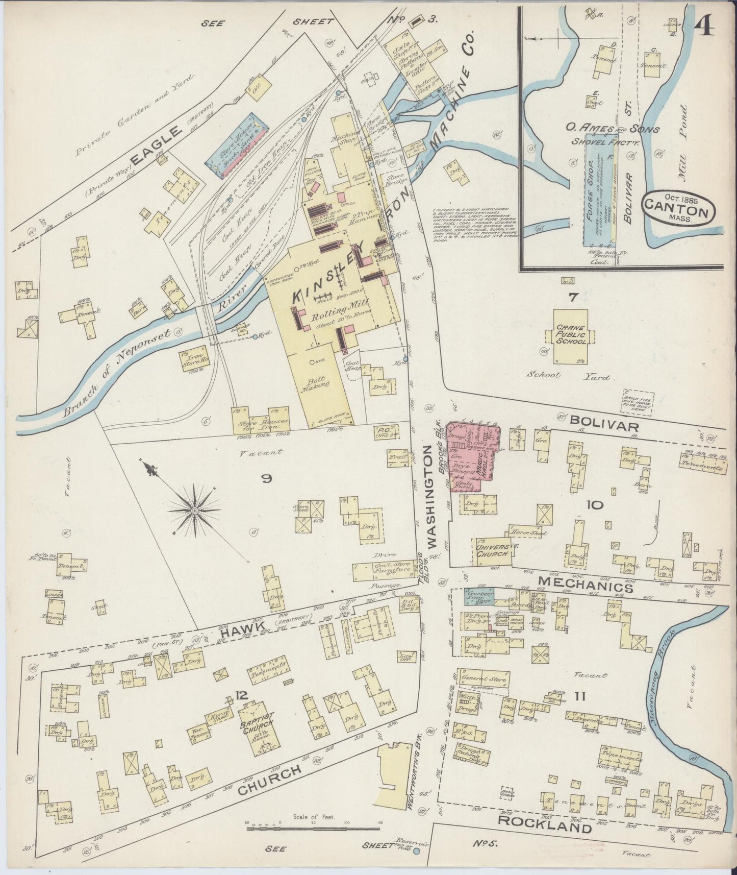 Sanborn Fire Insurance Map from Canton, Norfolk County, Massachusetts (1885), Sheet #0004 - Historic Sanborn Fire Insurance Map Print, vintage old map wall art, antique decor, genealogy gift, Massachusetts Massachusetts map