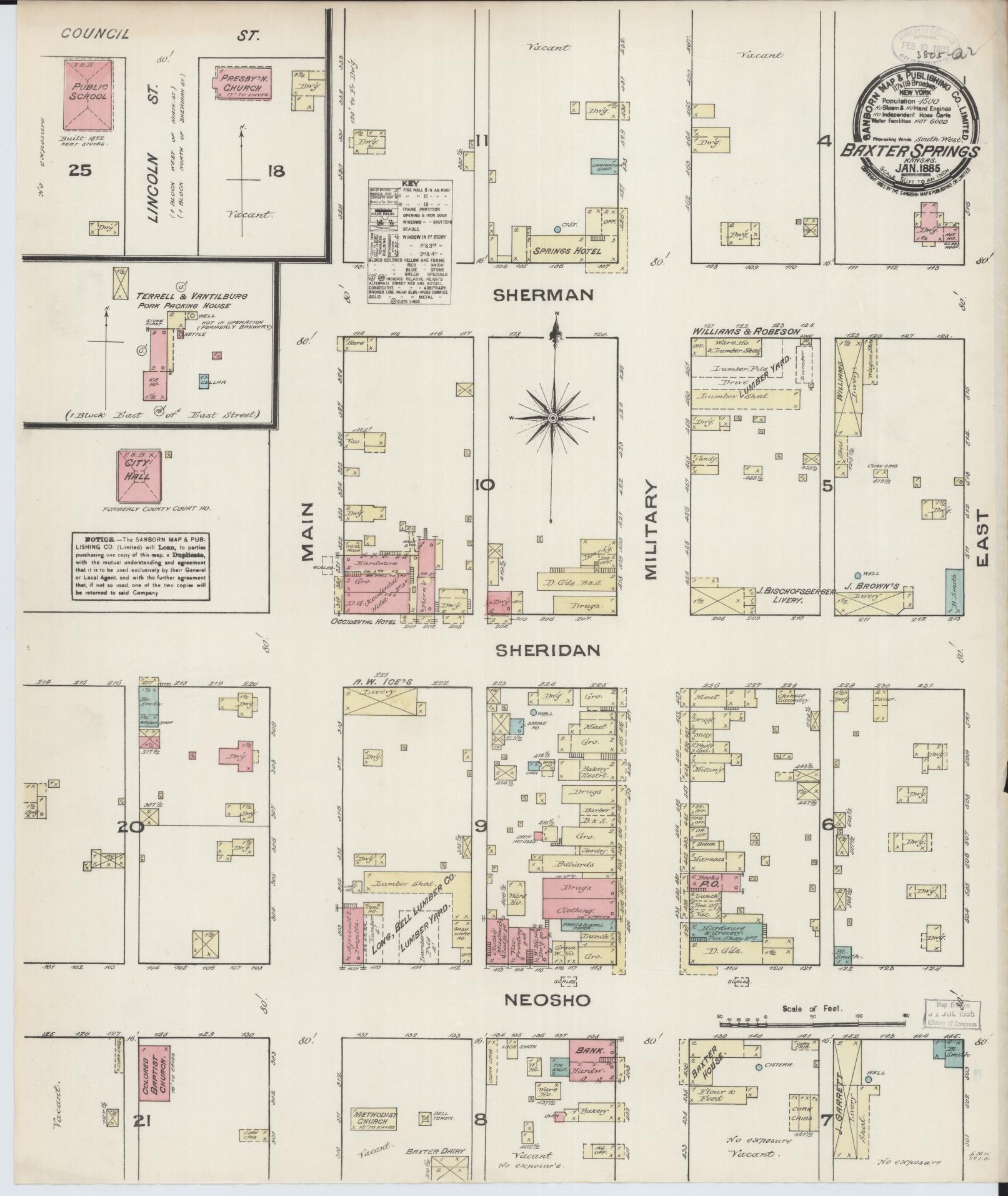 Sanborn Fire Insurance Map from Baxter Springs, Cherokee County, Kansas (1885), Sheet #0001 - Historic Sanborn Fire Insurance Map Print, vintage old map wall art, antique decor, genealogy gift, Kansas Kansas map