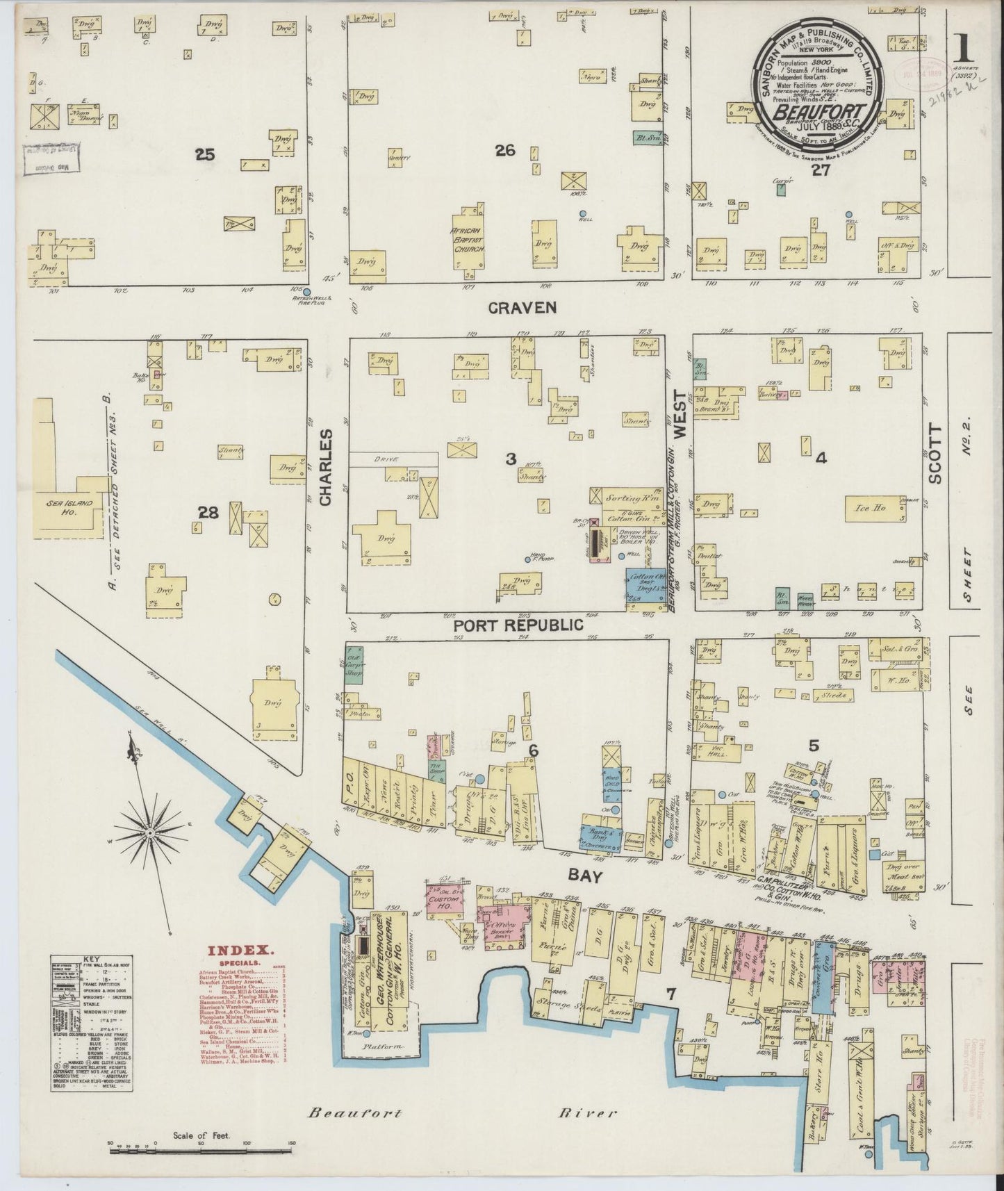 Sanborn Fire Insurance Map from Beaufort, Beaufort County, South Carolina (1889), Sheet #0001 - Complete Map Set gallery image, historic Sanborn map, vintage wall art, South Carolina South Carolina