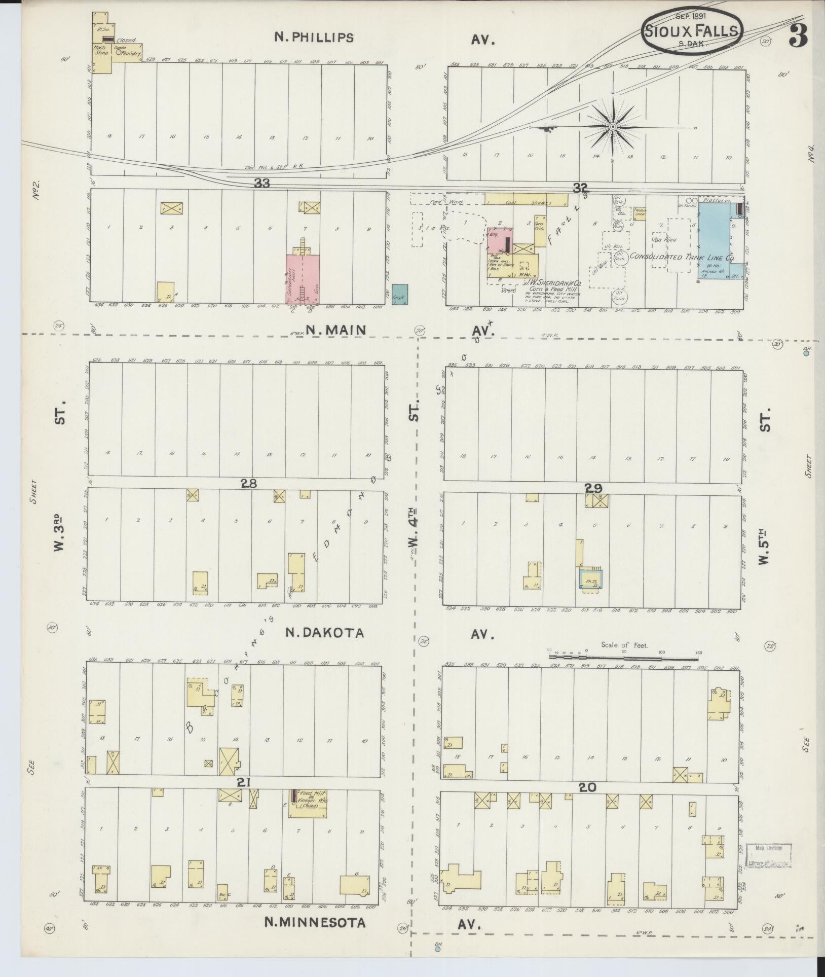 Sanborn Fire Insurance Map from Sioux Falls, Minnehaha County, South Dakota (1891), Sheet #0003 - Historic Sanborn Fire Insurance Map Print, vintage old map wall art, antique decor, genealogy gift, South Dakota South Dakota map