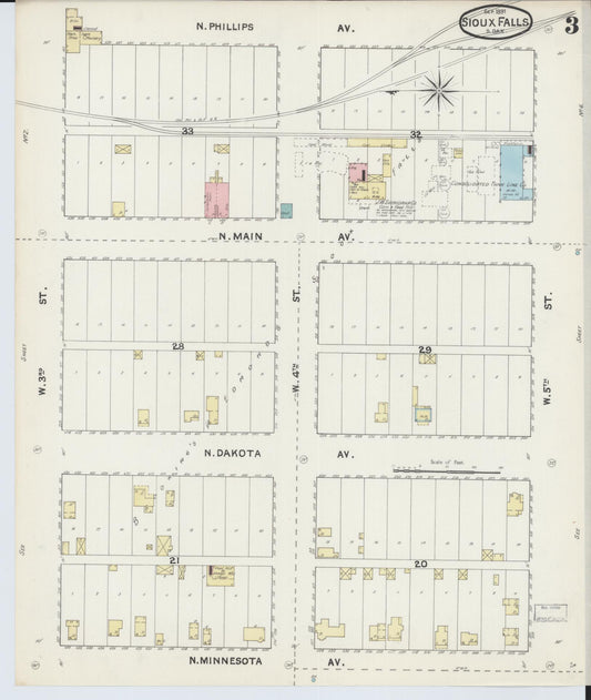 Sanborn Fire Insurance Map from Sioux Falls, Minnehaha County, South Dakota (1891), Sheet #0003 - Historic Sanborn Fire Insurance Map Print, vintage old map wall art, antique decor, genealogy gift, South Dakota South Dakota map