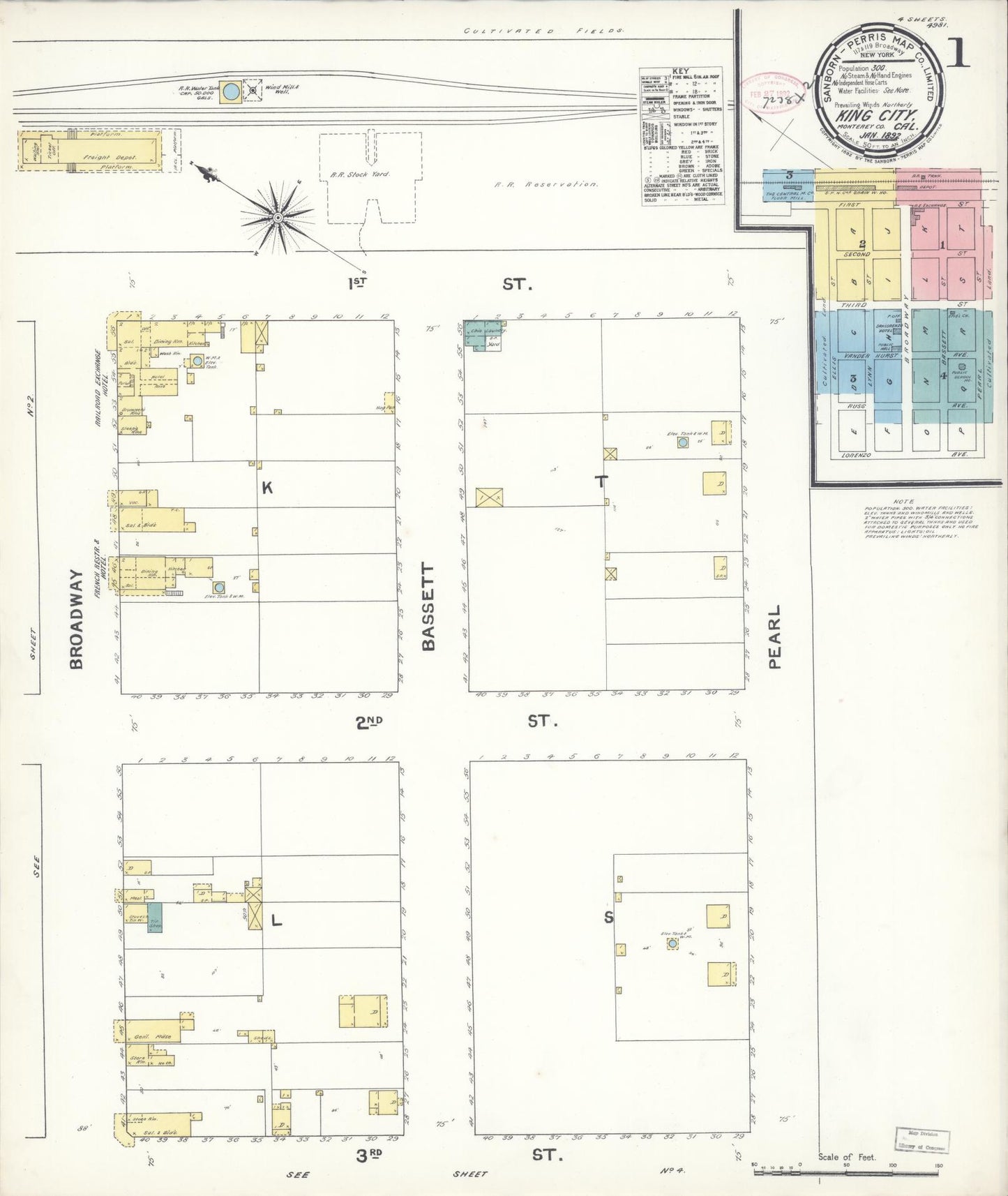 Sanborn Fire Insurance Map from King City, Monterey County, California (1892), Sheet #0001 - Complete Map Set gallery image, historic Sanborn map, vintage wall art, California California