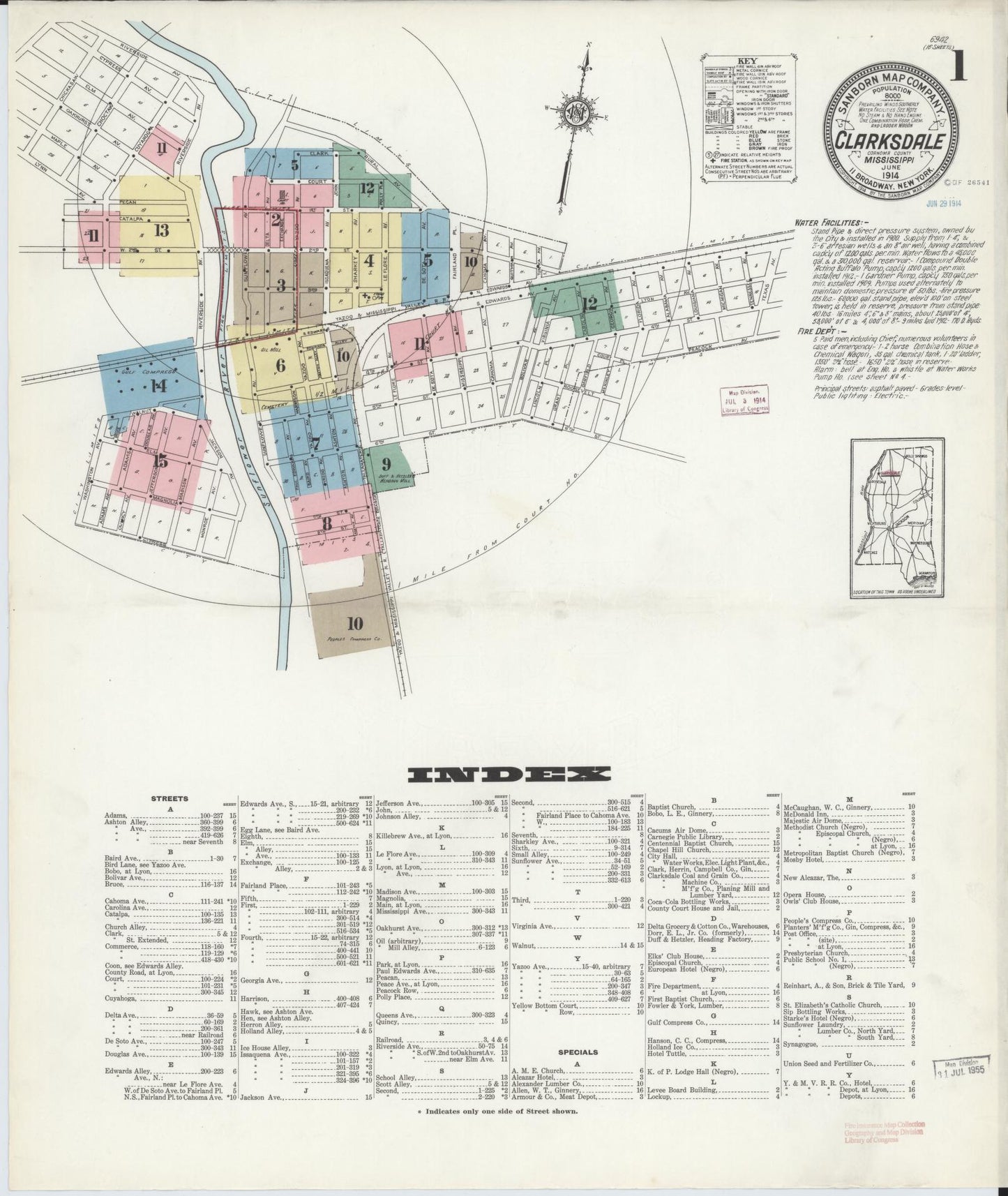Sanborn Fire Insurance Map from Clarksdale, Coahoma County, Mississippi (1914), Sheet #0001 - Historic Sanborn Fire Insurance Map Print, vintage old map wall art, antique decor, genealogy gift, Mississippi Mississippi map