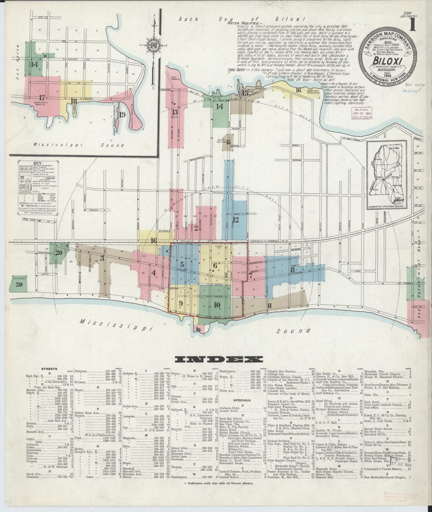 Sanborn Fire Insurance Map from Biloxi, Harrison County, Mississippi (1914), Sheet #0001 - Complete Map Set gallery image, historic Sanborn map, vintage wall art, Mississippi Mississippi