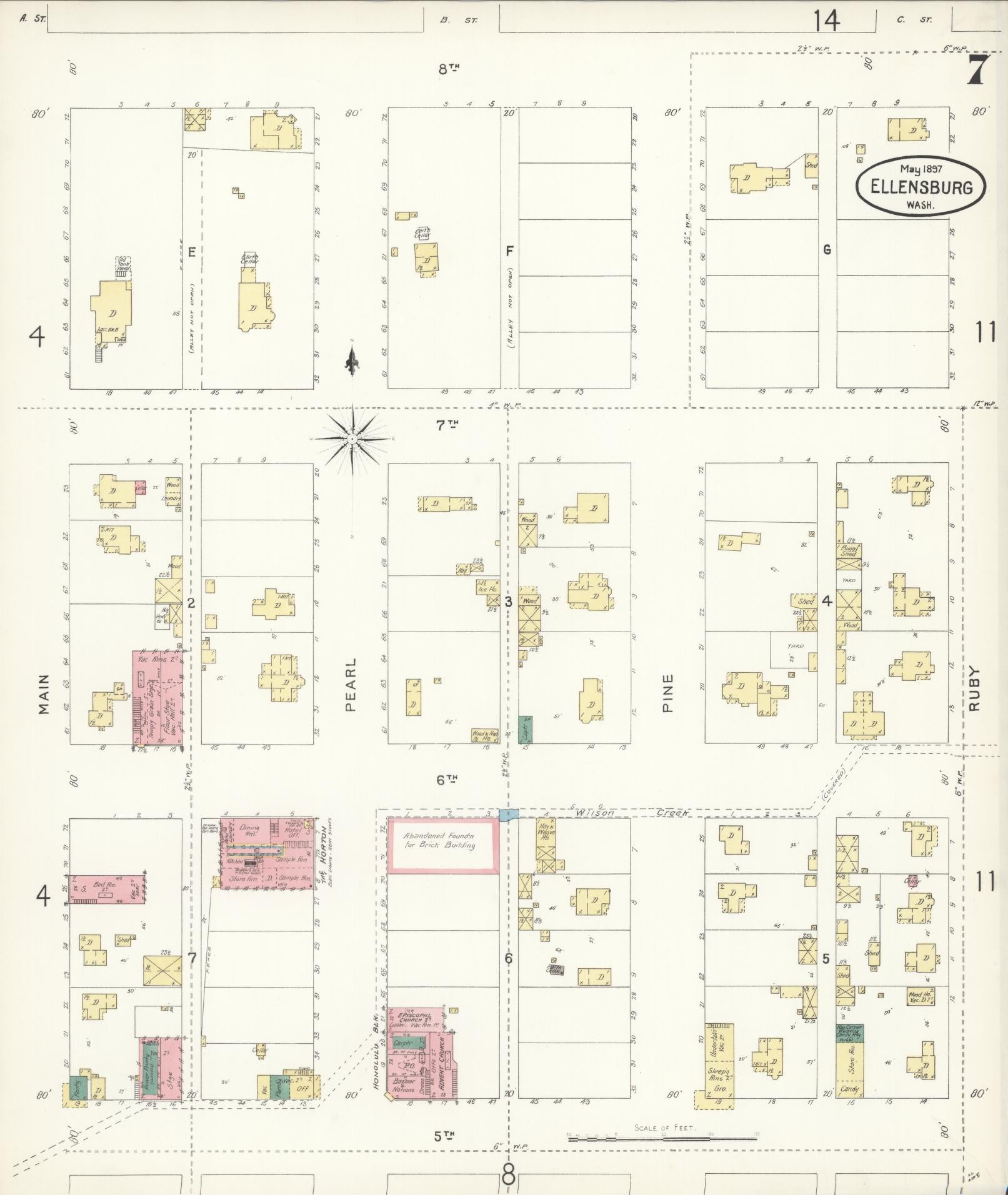 Sanborn Fire Insurance Map from Ellensburg, Kittitas County, Washington (1897), Sheet #0007 - Complete Map Set gallery image, historic Sanborn map, vintage wall art, Washington Washington