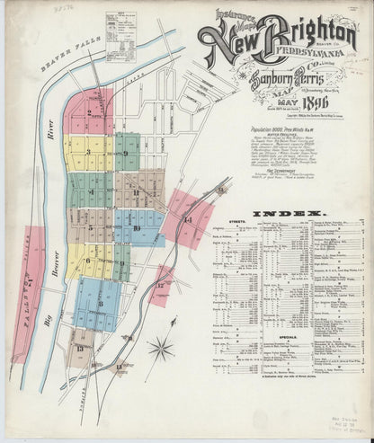 Sanborn Fire Insurance Map from New Brighton, Beaver County, Pennsylvania (1896), Sheet #0001 - Historic Sanborn Fire Insurance Map Print, vintage old map wall art, antique decor, genealogy gift, Pennsylvania Pennsylvania map