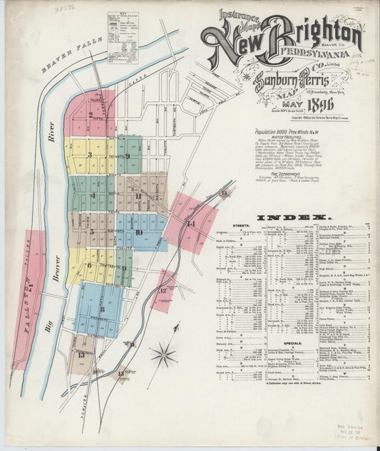 Sanborn Fire Insurance Map from New Brighton, Beaver County, Pennsylvania (1896), Sheet #0001 - Historic Sanborn Fire Insurance Map Print, vintage old map wall art, antique decor, genealogy gift, Pennsylvania Pennsylvania map