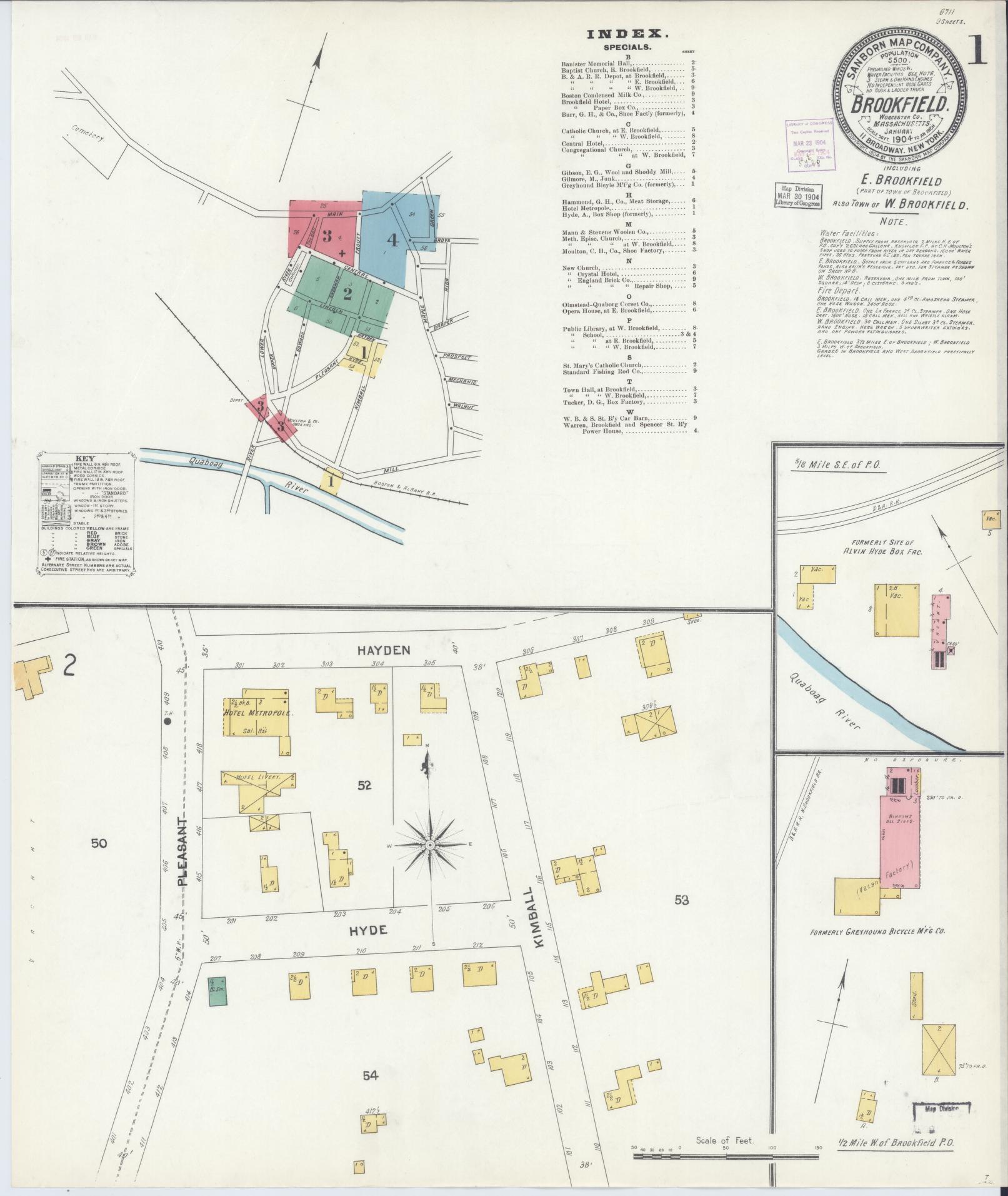 Sanborn Fire Insurance Map from Brookfield, Worcester County, Massachusetts. (1904) – Historic Sanborn Fire Insurance Map Print