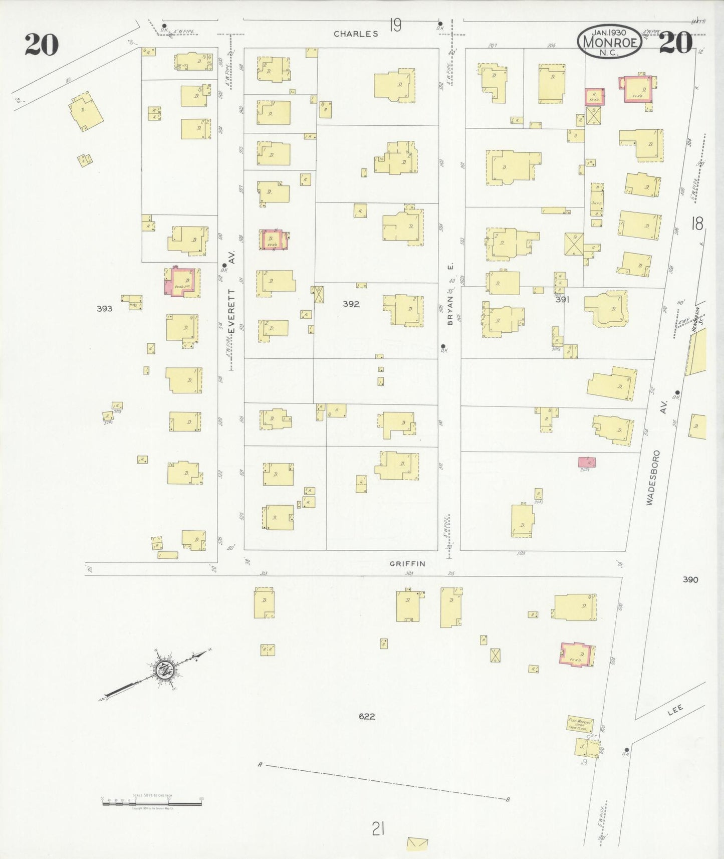 Sanborn Fire Insurance Map from Monroe, Union County, North Carolina (1930), Sheet #0020 - Complete Map Set gallery image, historic Sanborn map, vintage wall art, North Carolina North Carolina