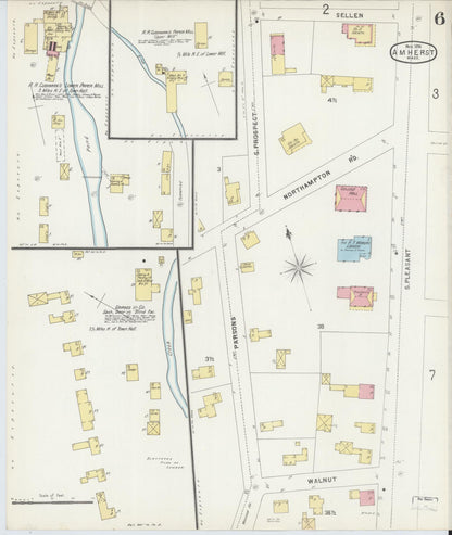 Sanborn Fire Insurance Map from Amherst, Hampshire County, Massachusetts (1896), Sheet #0006 - Historic Sanborn Fire Insurance Map Print, vintage old map wall art, antique decor, genealogy gift, Massachusetts Massachusetts map
