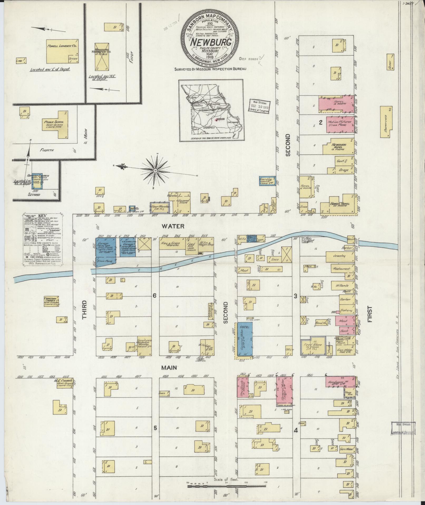Sanborn Fire Insurance Map from Newburg, Phelps County, Missouri (1919), Sheet #0001 - Historic Sanborn Fire Insurance Map Print, vintage old map wall art, antique decor, genealogy gift, Missouri Missouri map