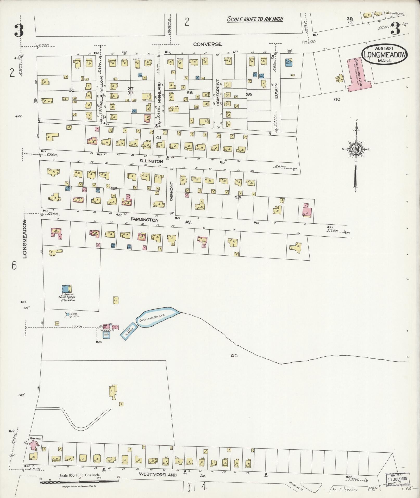 Sanborn Fire Insurance Map from Longmeadow, Hampden County, Massachusetts (1924), Sheet #0003 - Historic Sanborn Fire Insurance Map Print, vintage old map wall art, antique decor, genealogy gift, Massachusetts Massachusetts map