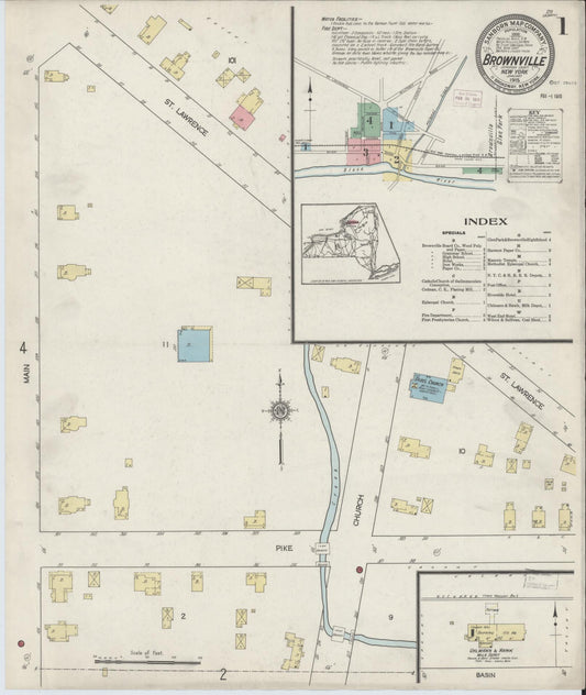 Sanborn Fire Insurance Map from Brownville, Jefferson County, New York (1915), Sheet #0001 - Historic Sanborn Fire Insurance Map Print, vintage old map wall art, antique decor, genealogy gift, New York New York map
