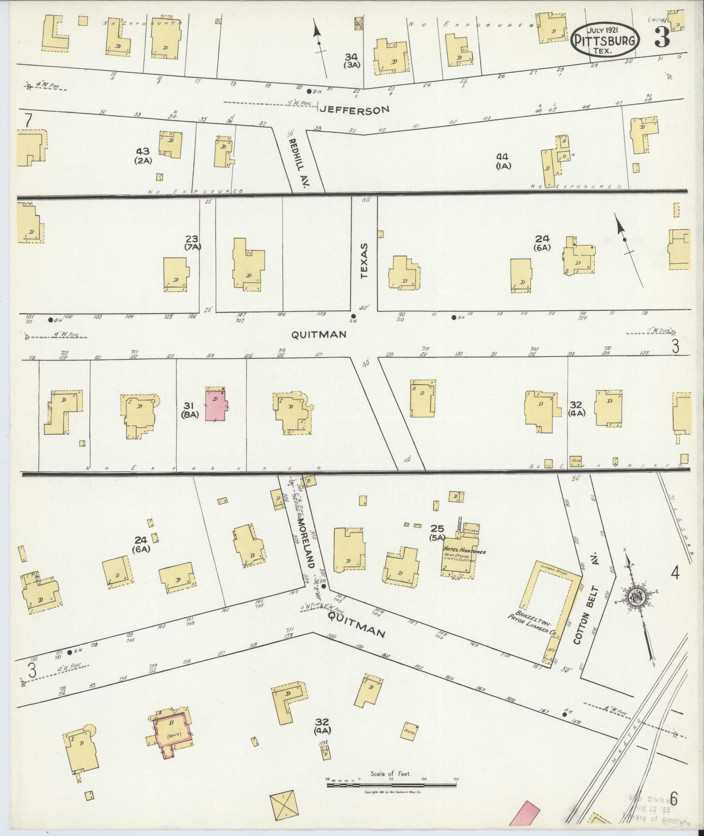 Sanborn Fire Insurance Map from Pittsburg, Camp County, Texas (1921), Sheet #0003 - Complete Map Set gallery image, historic Sanborn map, vintage wall art, Texas Texas