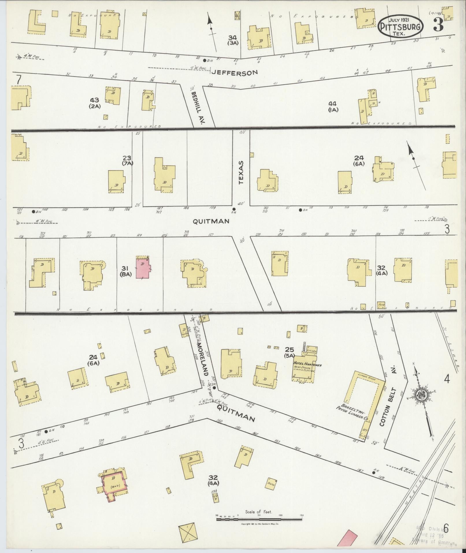 Sanborn Fire Insurance Map from Pittsburg, Camp County, Texas (1921), Sheet #0003 - Complete Map Set gallery image, historic Sanborn map, vintage wall art, Texas Texas