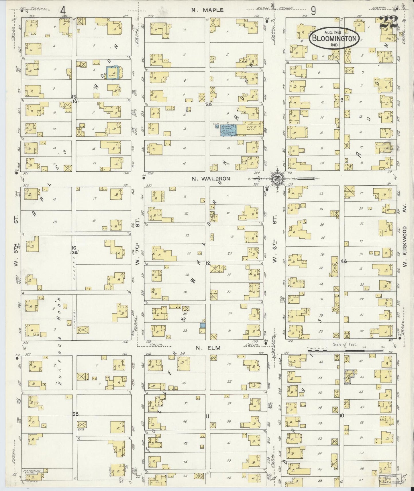 Sanborn Fire Insurance Map from Bloomington, Monroe County, Indiana (1913), Sheet #0022 - Historic Sanborn Fire Insurance Map Print, vintage old map wall art, antique decor, genealogy gift, Indiana Indiana map