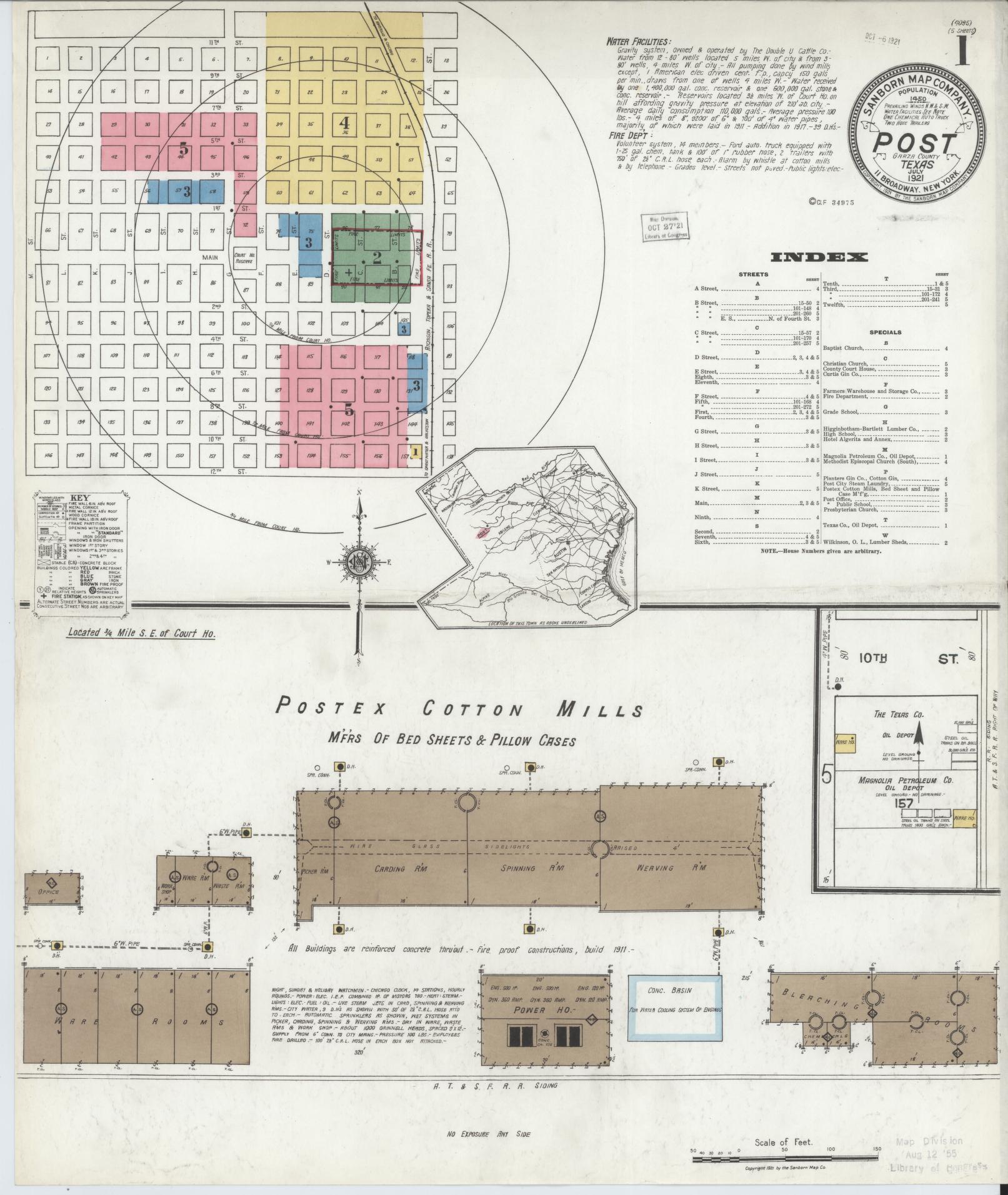 Sanborn Fire Insurance Map from Post, Garza County, Texas (1921), Sheet #0001 - Historic Sanborn Fire Insurance Map Print, vintage old map wall art, antique decor, genealogy gift, Texas Texas map