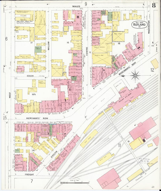Sanborn Fire Insurance Map from Rutland, Rutland County, Vermont (1900), Sheet #0008 - Historic Sanborn Fire Insurance Map Print, vintage old map wall art, antique decor, genealogy gift, Vermont Vermont map