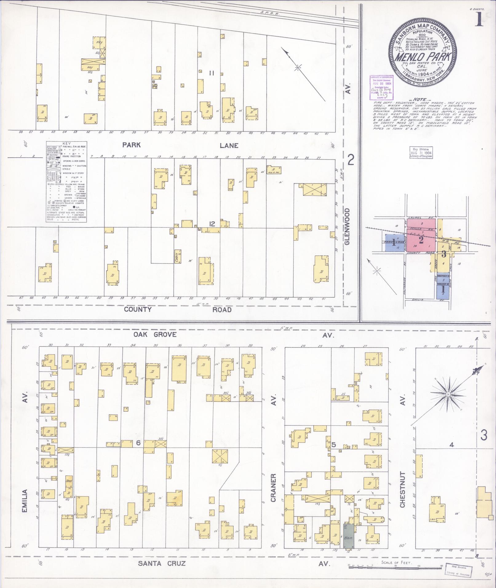 Sanborn Fire Insurance Map from Menlo Park, San Mateo County, California (1904), Sheet #0001 - Historic Sanborn Fire Insurance Map Print, vintage old map wall art, antique decor, genealogy gift, California California map