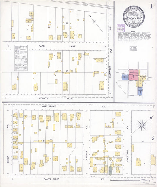 Sanborn Fire Insurance Map from Menlo Park, San Mateo County, California (1904), Sheet #0001 - Historic Sanborn Fire Insurance Map Print, vintage old map wall art, antique decor, genealogy gift, California California map