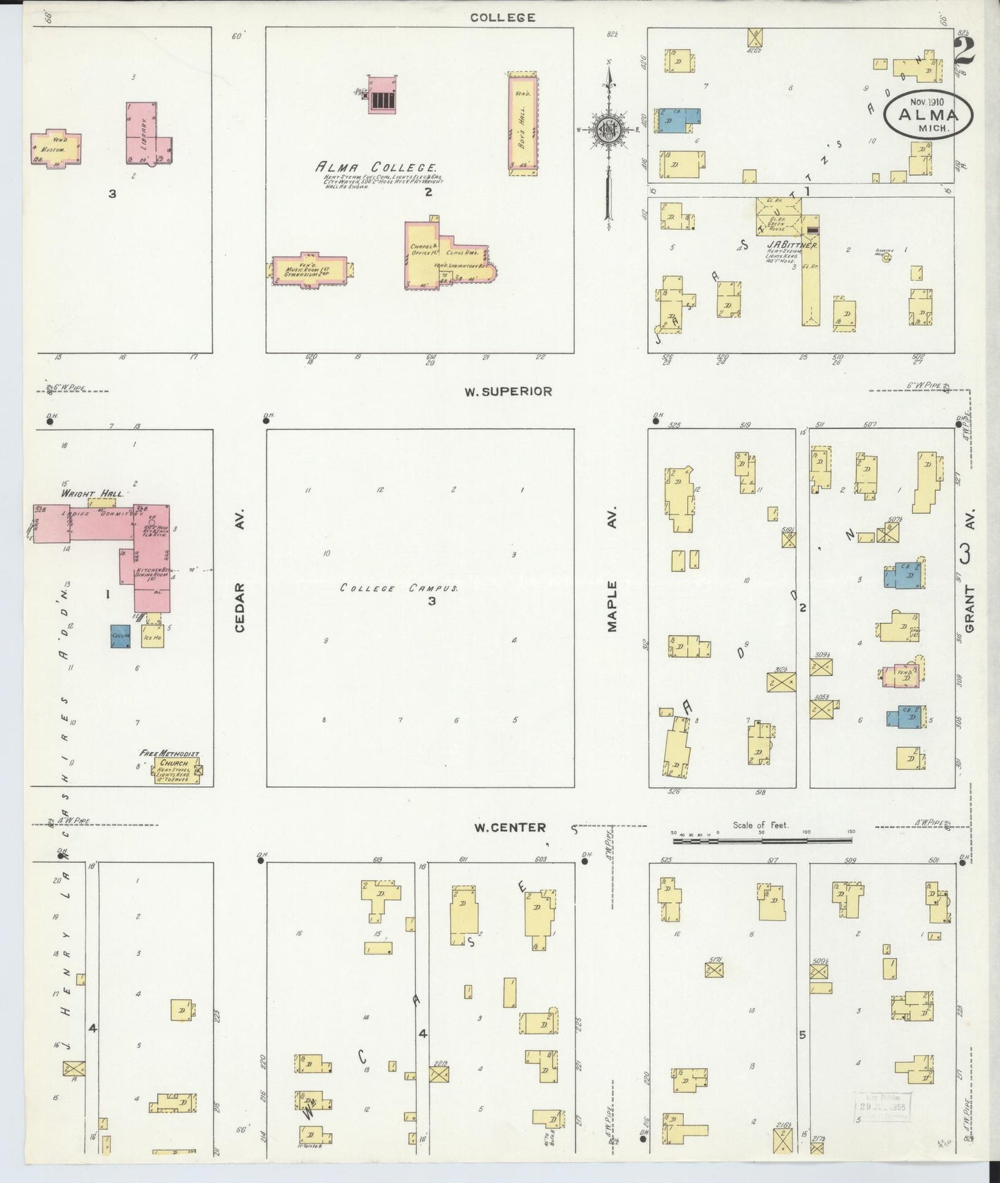 Sanborn Fire Insurance Map from Alma, Gratiot County, Michigan (1910), Sheet #0002 - Historic Sanborn Fire Insurance Map Print, vintage old map wall art, antique decor, genealogy gift, Michigan Michigan map