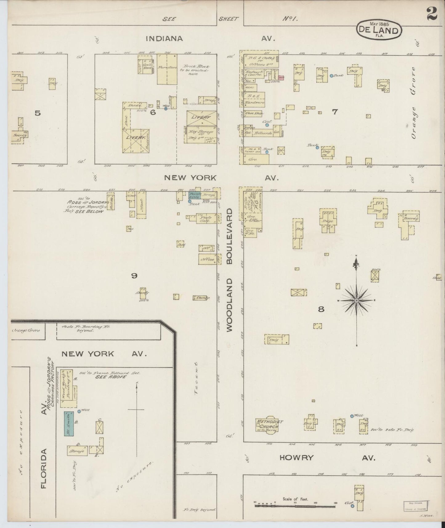 Sanborn Fire Insurance Map from De Land, Volusia County, Florida (1885), Sheet #0002 - Complete Map Set gallery image, historic Sanborn map, vintage wall art, Florida Florida