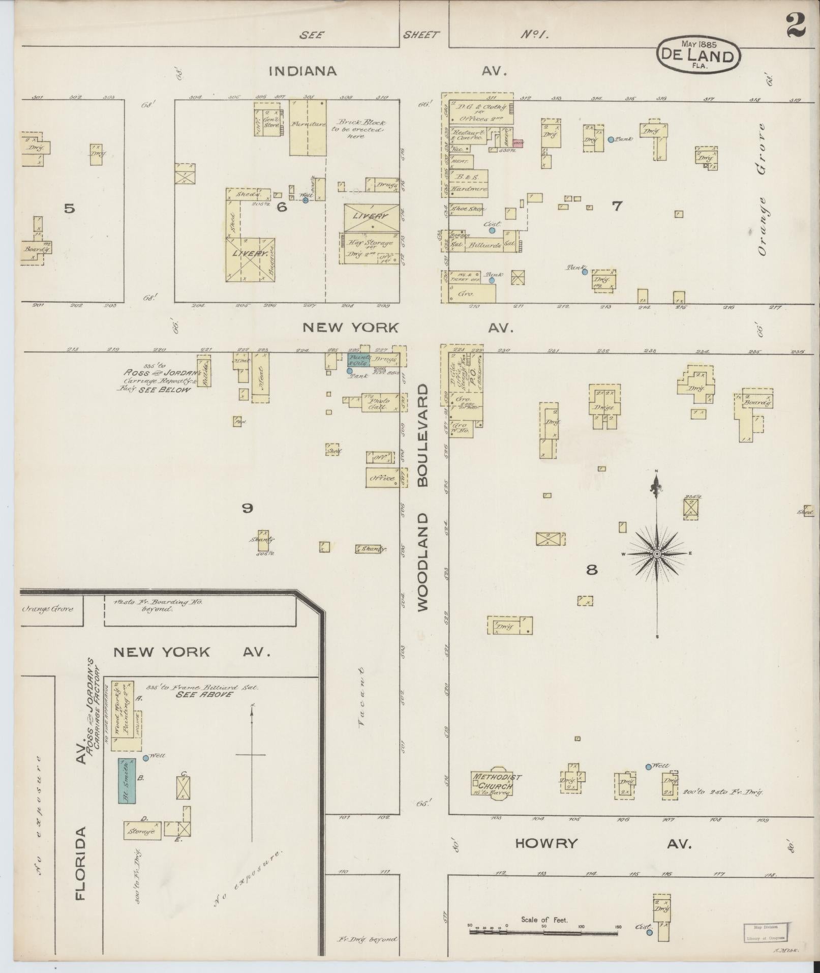 Sanborn Fire Insurance Map from De Land, Volusia County, Florida (1885), Sheet #0002 - Complete Map Set gallery image, historic Sanborn map, vintage wall art, Florida Florida