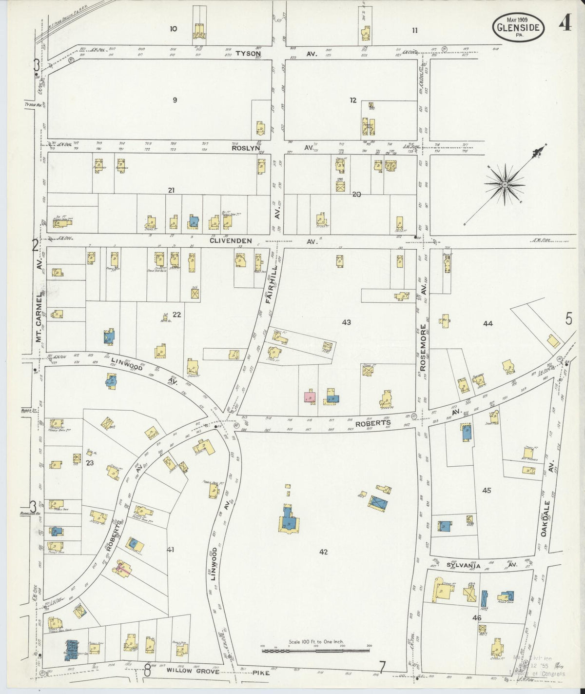 Sanborn Fire Insurance Map from Glenside, Montgomery County, Pennsylvania (1909), Sheet #0004 - Complete Map Set gallery image, historic Sanborn map, vintage wall art, Pennsylvania Pennsylvania