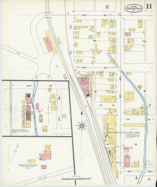 Sanborn Fire Insurance Map from Beaver Falls, Beaver County, Pennsylvania (1907), Sheet #0011 - Historic Sanborn Fire Insurance Map Print, vintage old map wall art, antique decor, genealogy gift, Pennsylvania Pennsylvania map