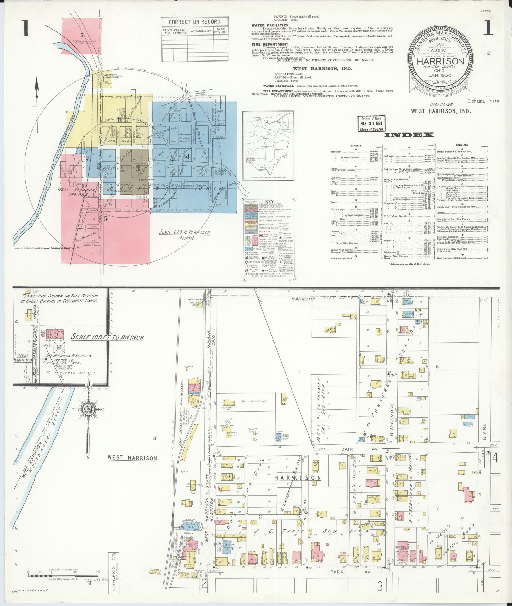Sanborn Fire Insurance Map from Harrison, Hamilton County, Ohio (1938), Sheet #0001 - Historic Sanborn Fire Insurance Map Print, vintage old map wall art, antique decor, genealogy gift, Indiana Indiana map