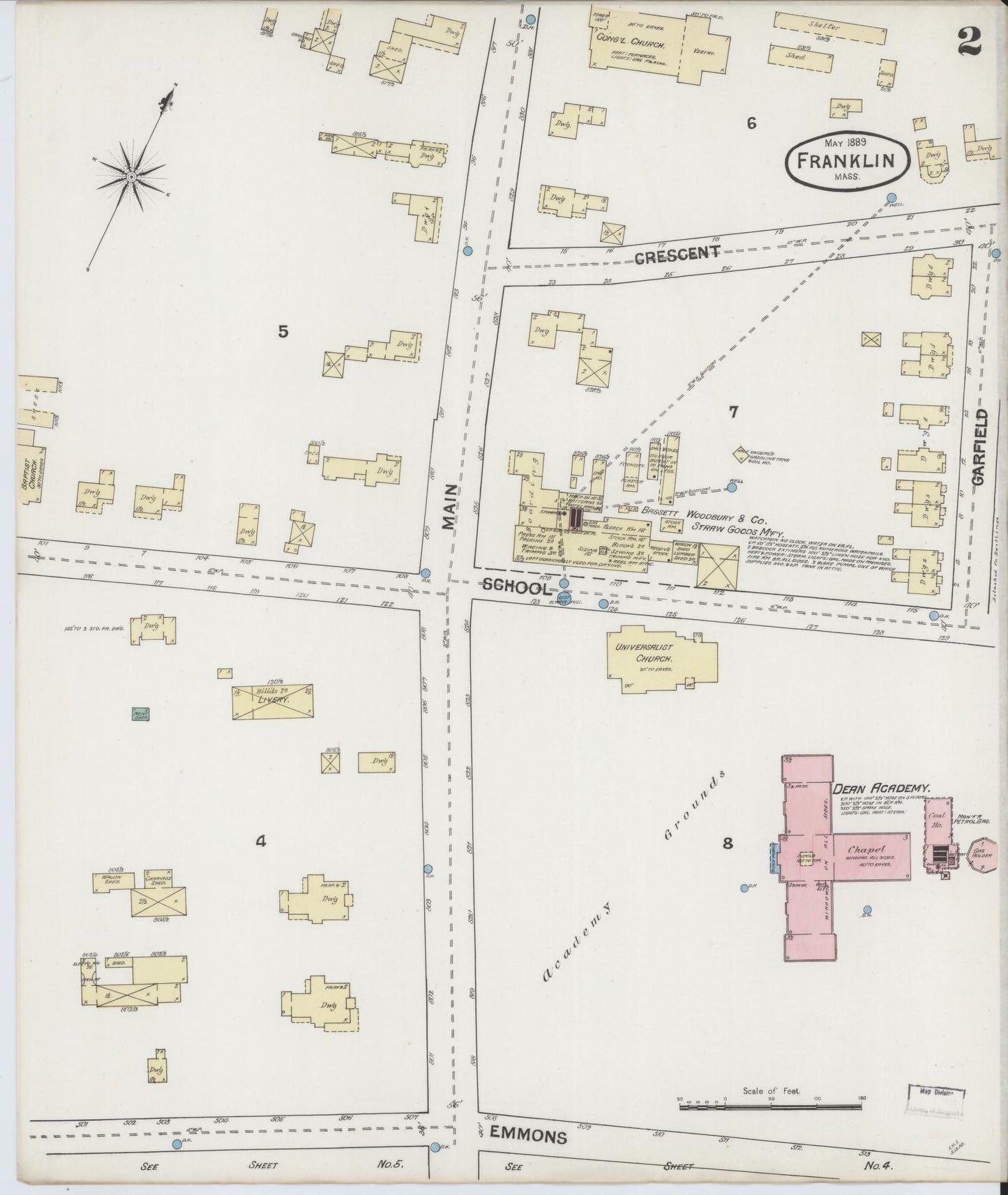 Sanborn Fire Insurance Map from Franklin, Norfolk County, Massachusetts (1889), Sheet #0002 - Historic Sanborn Fire Insurance Map Print, vintage old map wall art, antique decor, genealogy gift, Massachusetts Massachusetts map