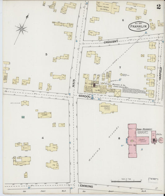 Sanborn Fire Insurance Map from Franklin, Norfolk County, Massachusetts (1889), Sheet #0002 - Historic Sanborn Fire Insurance Map Print, vintage old map wall art, antique decor, genealogy gift, Massachusetts Massachusetts map