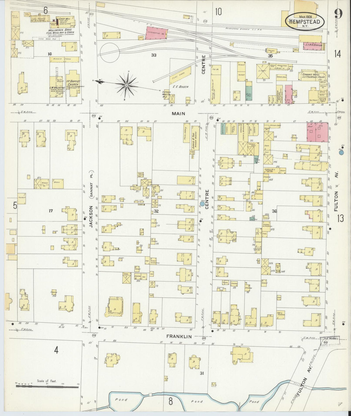 Sanborn Fire Insurance Map from Hempstead, Nassau County, New York (1909), Sheet #0009 - Historic Sanborn Fire Insurance Map Print, vintage old map wall art, antique decor, genealogy gift, New York New York map