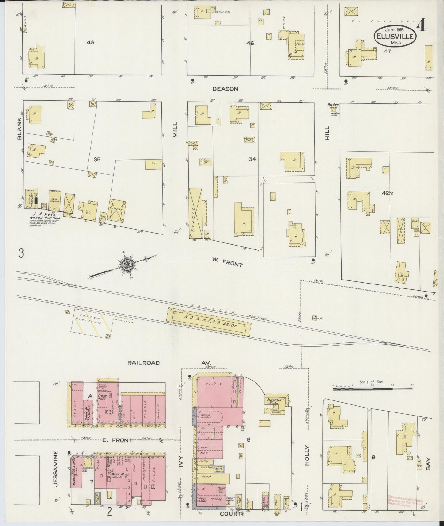 Sanborn Fire Insurance Map from Ellisville, Jones County, Mississippi (1915), Sheet #0004 - Historic Sanborn Fire Insurance Map Print, vintage old map wall art, antique decor, genealogy gift, Mississippi Mississippi map