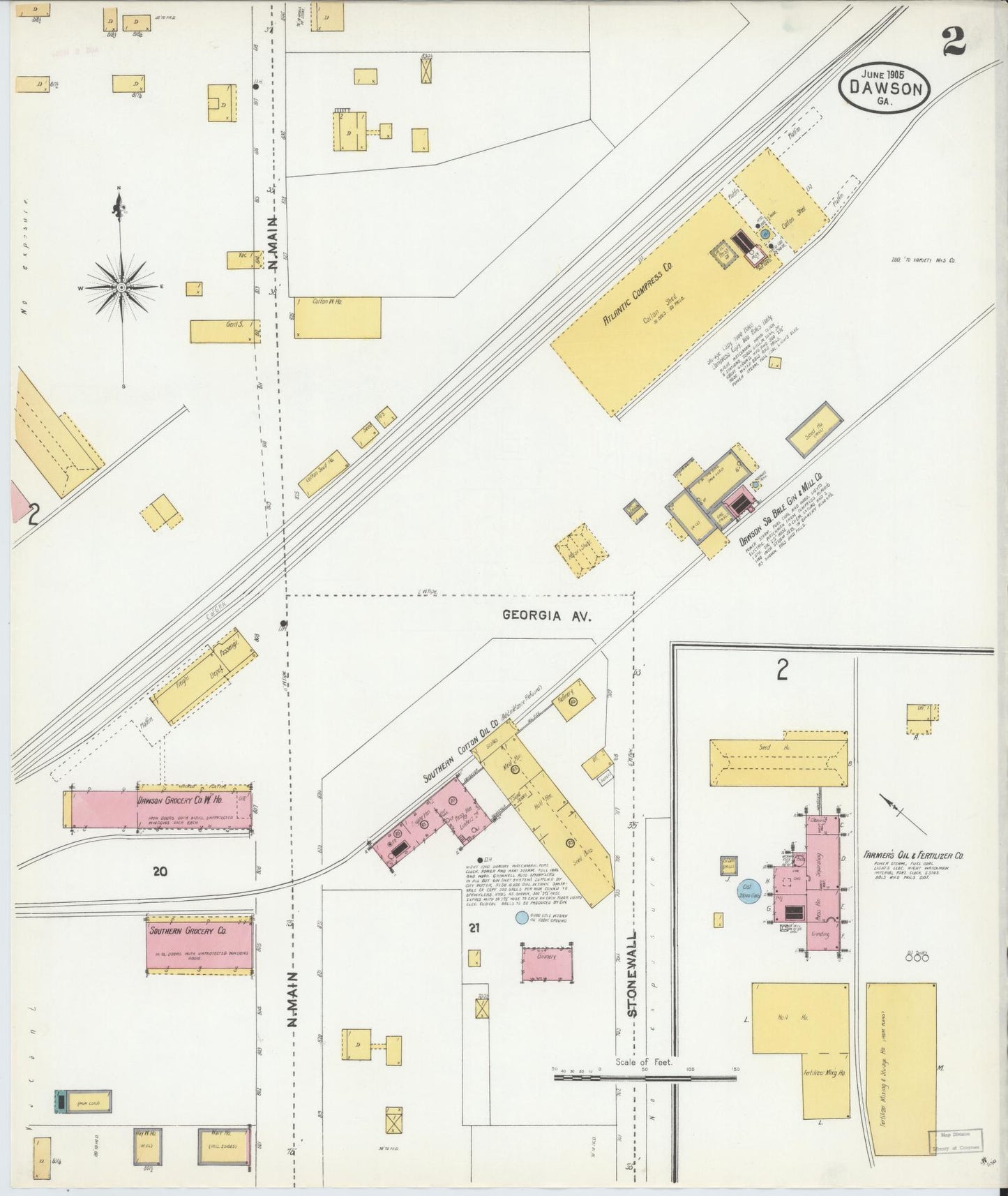 Sanborn Fire Insurance Map from Dawson, Terrell County, Georgia (1905), Sheet #0002 - Complete Map Set gallery image, historic Sanborn map, vintage wall art, Georgia Georgia