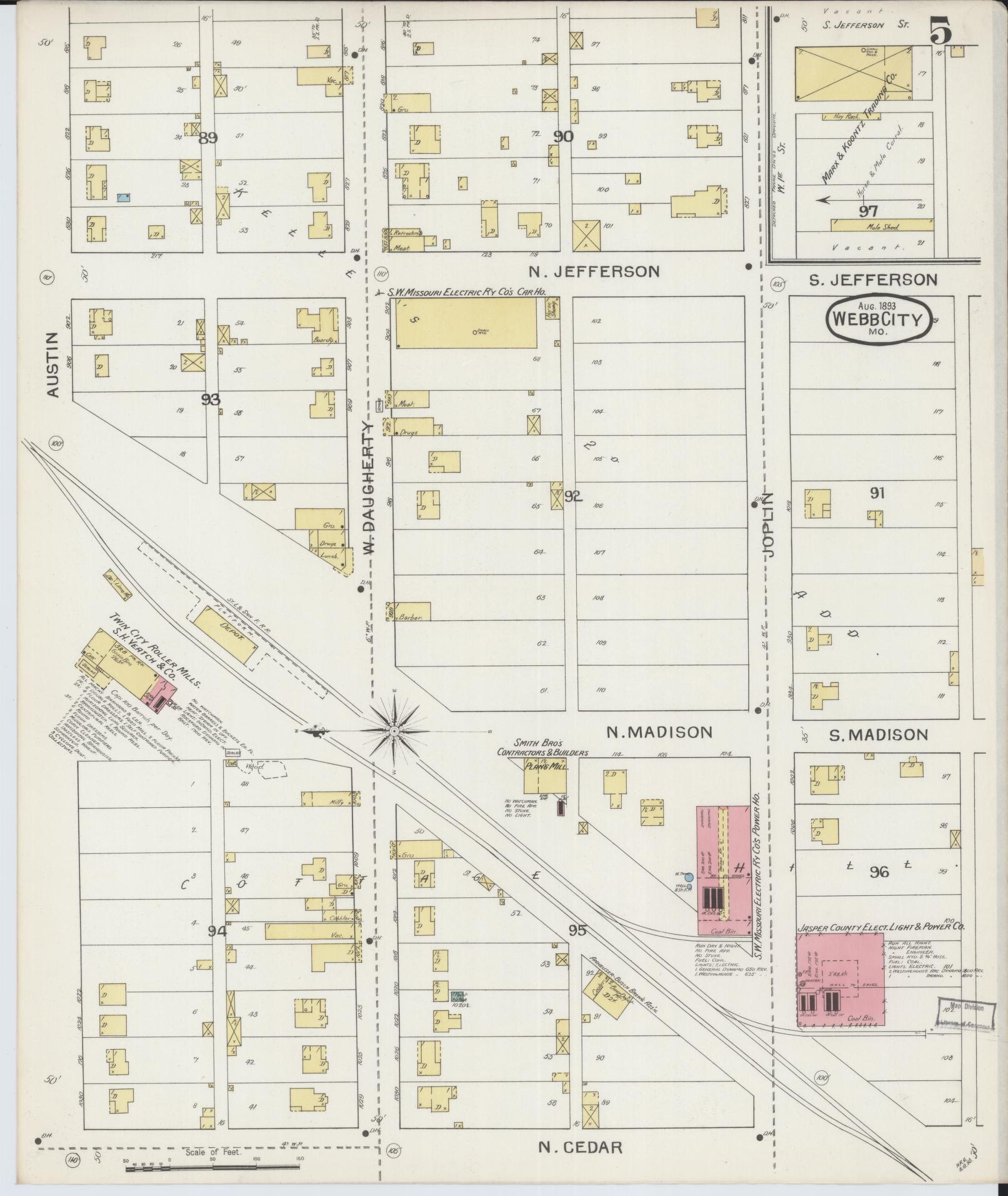 Sanborn Fire Insurance Map from Webb City, Jasper County, Missouri (1893), Sheet #0005 - Historic Sanborn Fire Insurance Map Print, vintage old map wall art, antique decor, genealogy gift, Missouri Missouri map