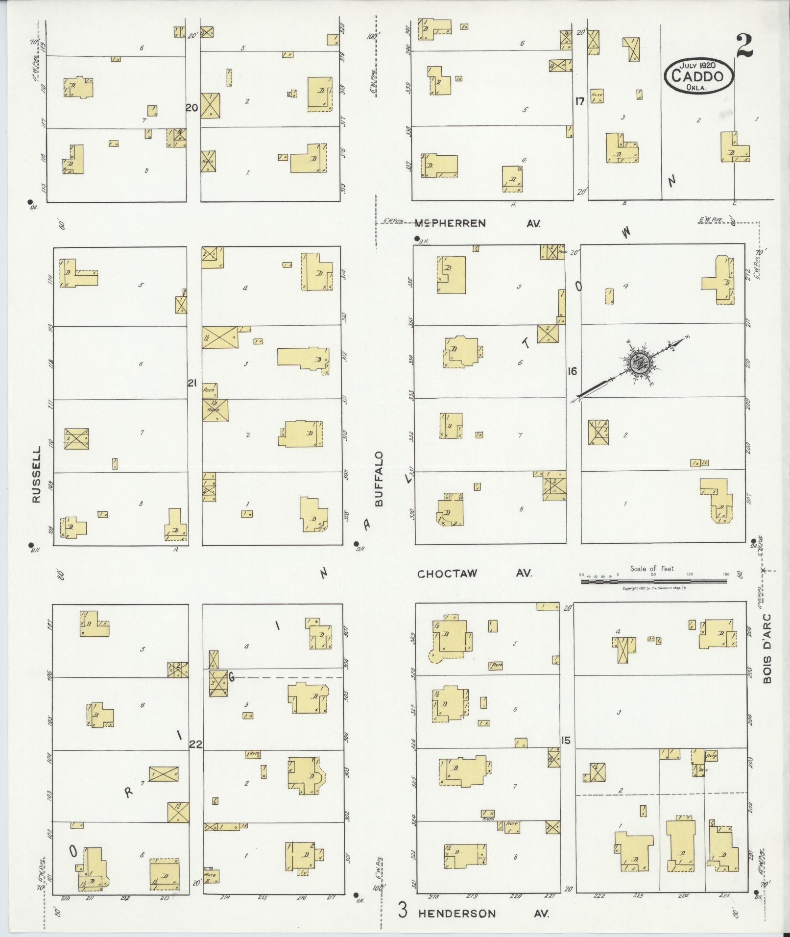 Sanborn Fire Insurance Map from Caddo, Bryan County, Oklahoma (1920), Sheet #0002 - Historic Sanborn Fire Insurance Map Print, vintage old map wall art, antique decor, genealogy gift, Oklahoma Oklahoma map