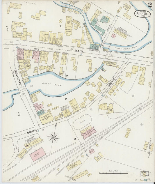 Sanborn Fire Insurance Map from Athol, Worcester County, Massachusetts (1887), Sheet #0002 - Historic Sanborn Fire Insurance Map Print, vintage old map wall art, antique decor, genealogy gift, Massachusetts Massachusetts map