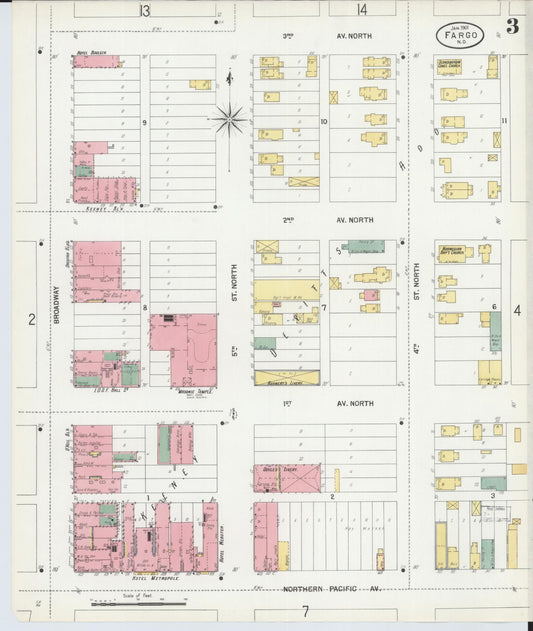 Sanborn Fire Insurance Map from Fargo, Cass County, North Dakota (1901), Sheet #0003 - Historic Sanborn Fire Insurance Map Print, vintage old map wall art, antique decor, genealogy gift, North Dakota North Dakota map