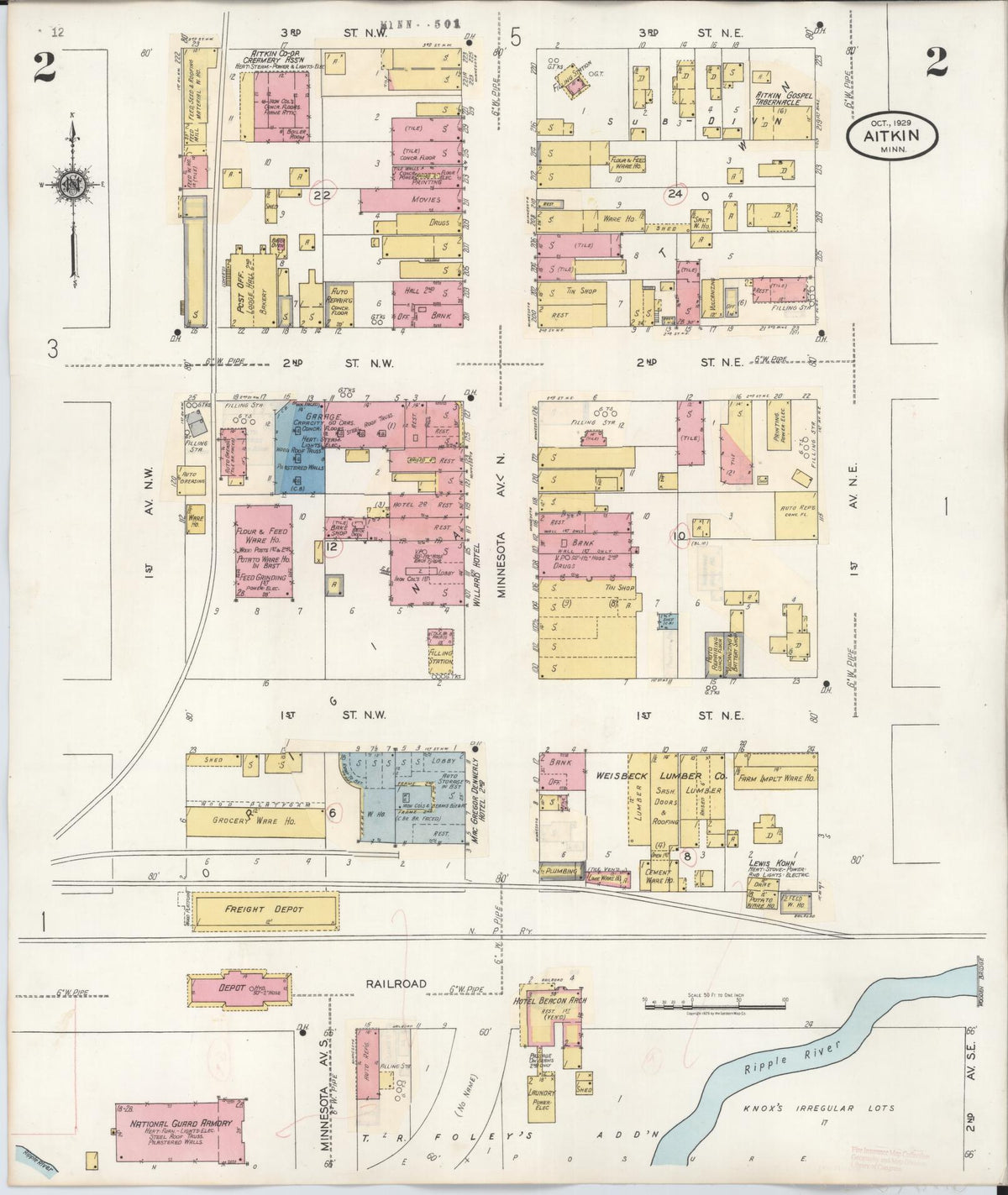 Sanborn Fire Insurance Map from Aitkin, Aitkin County, Minnesota (1936), Sheet #0002 - Complete Map Set gallery image, historic Sanborn map, vintage wall art, Minnesota Minnesota