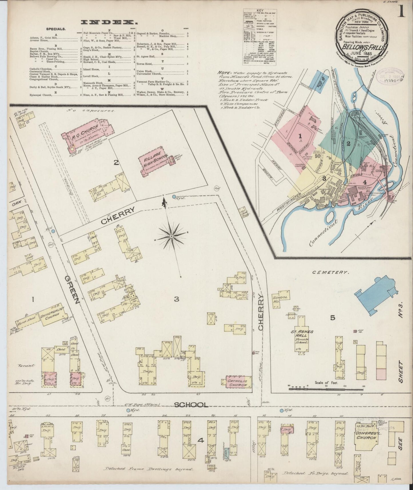 Sanborn Fire Insurance Map from Bellows Falls, Windham County, Vermont (1885), Sheet #0001 - Historic Sanborn Fire Insurance Map Print, vintage old map wall art, antique decor, genealogy gift, Vermont Vermont map