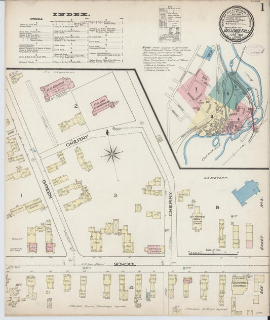 Sanborn Fire Insurance Map from Bellows Falls, Windham County, Vermont (1885), Sheet #0001 - Historic Sanborn Fire Insurance Map Print, vintage old map wall art, antique decor, genealogy gift, Vermont Vermont map